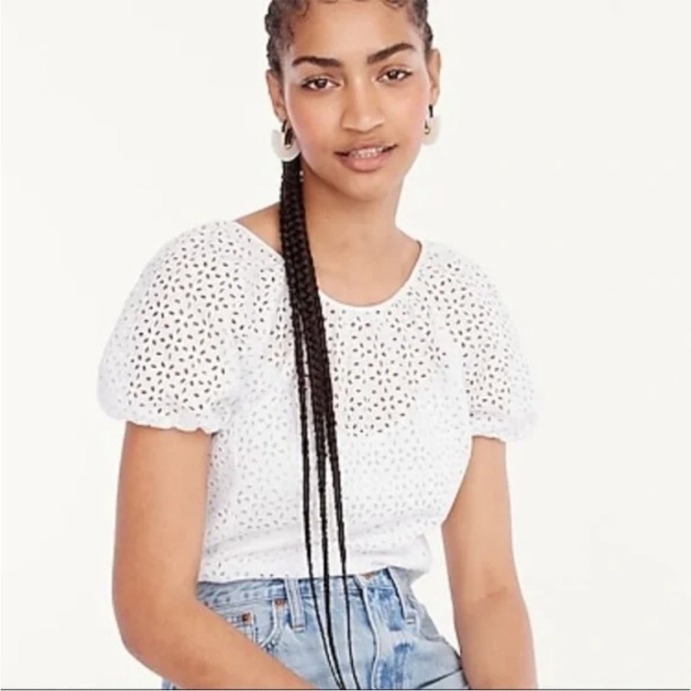 NWT J. Crew Women’s Black Eyelet VBack Puff Sleeve Top BG316 Size 6 - Picture 2 of 9